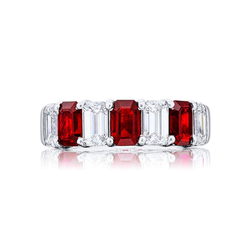 Platinum Emerald-Cut Ruby and Diamond Single-Row Band