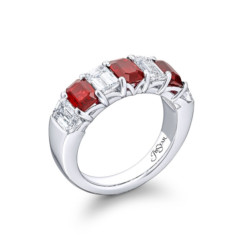 Platinum Emerald-Cut Ruby and Diamond Single-Row Band