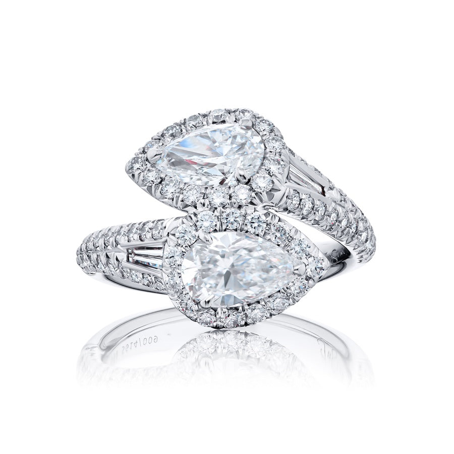 Dazzling Brilliance: GIA-Certified Diamond Twogether Ring  Pear-Shaped Diamonds with Micro-Pave Bezel and Tapered Baguettes in Pure Platinum