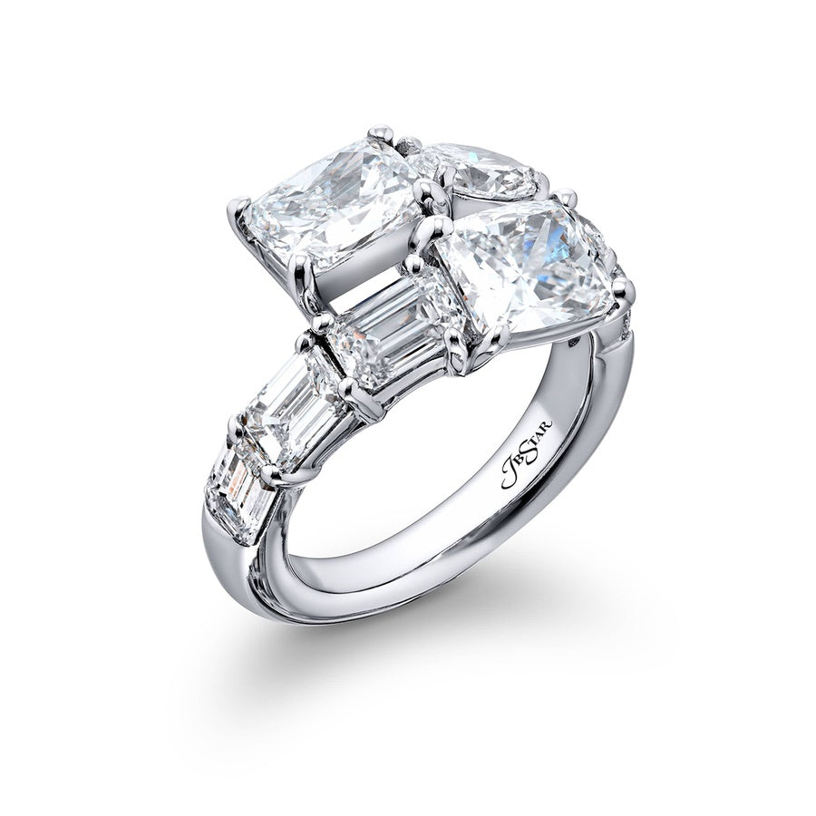 Dazzling Brilliance: Certified Twogether Diamond Ring  Cushion-Cut Diamonds with Oval Pear-Shaped & Emerald-Cut Accents in Pure Platinum