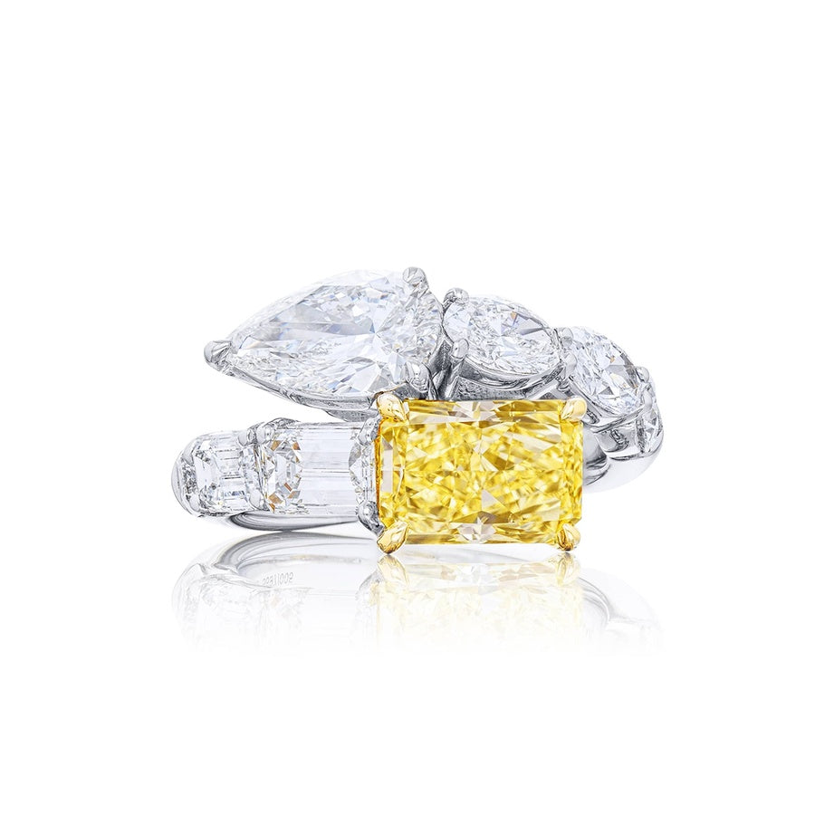 Platinum Radiant-Cut Fancy Yellow Diamond and Pear-Shaped Diamond Certified Twogether Ring