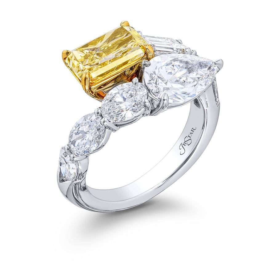 Platinum Radiant-Cut Fancy Yellow Diamond and Pear-Shaped Diamond Certified Twogether Ring
