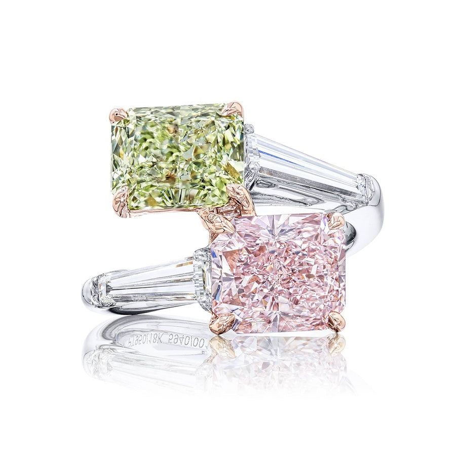 Dazzling Brilliance: Certified Twogether Diamond Ring  3.05ct Fancy Pink & Green Radiant-Cut Diamonds with Tapered Baguette Diamonds in Pure Platinum