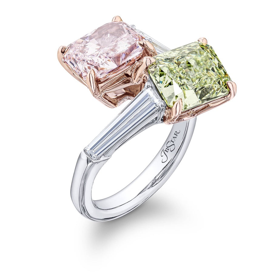 Dazzling Brilliance: Certified Twogether Diamond Ring  3.05ct Fancy Pink & Green Radiant-Cut Diamonds with Tapered Baguette Diamonds in Pure Platinum