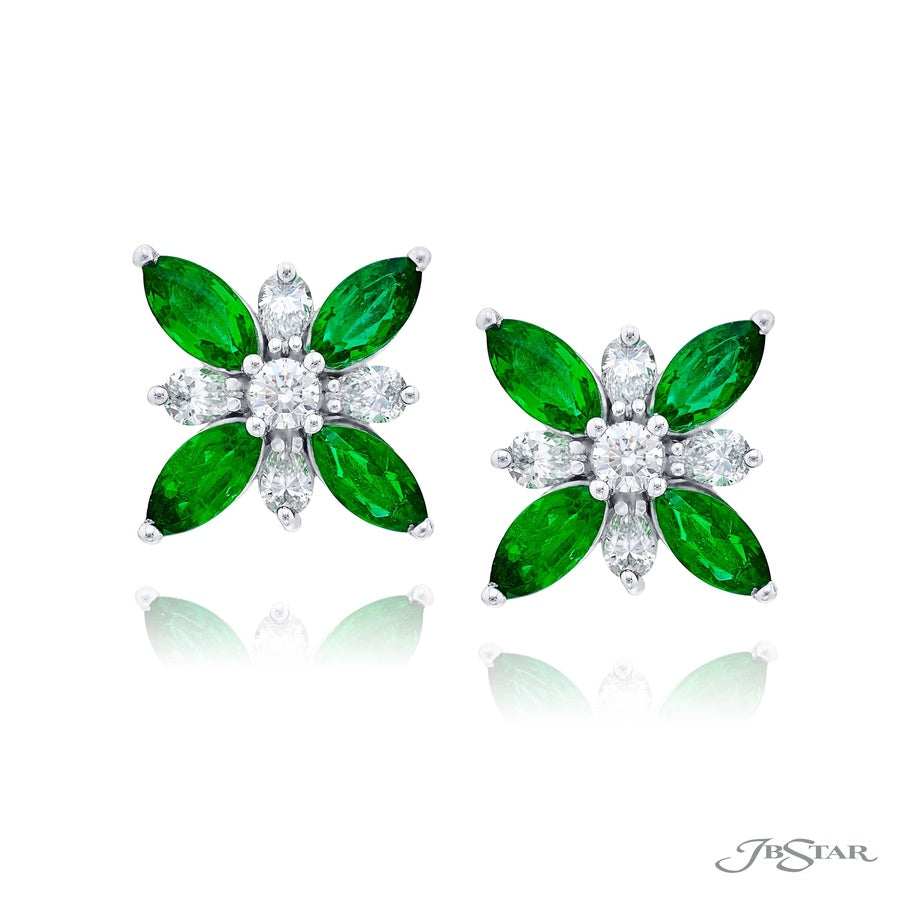 Emerald & Diamond Floral Earrings in Platinum