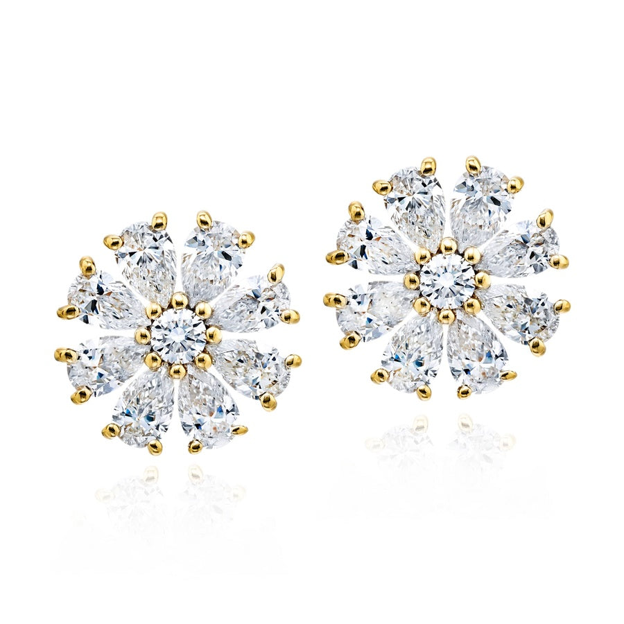 18K Yellow Gold Pear-Shaped and Round Diamond Floral Stud Earrings