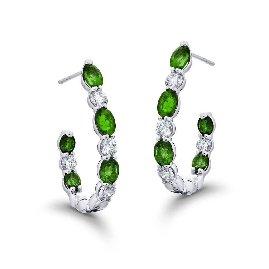 Platinum Oval Emerald and Diamond Hoop Earrings