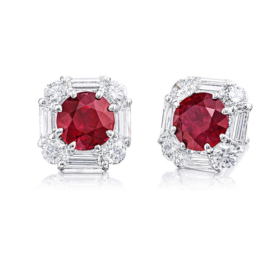 Ruby Earrings Round & Trapezoid Cut 3.15 ctw. Studs