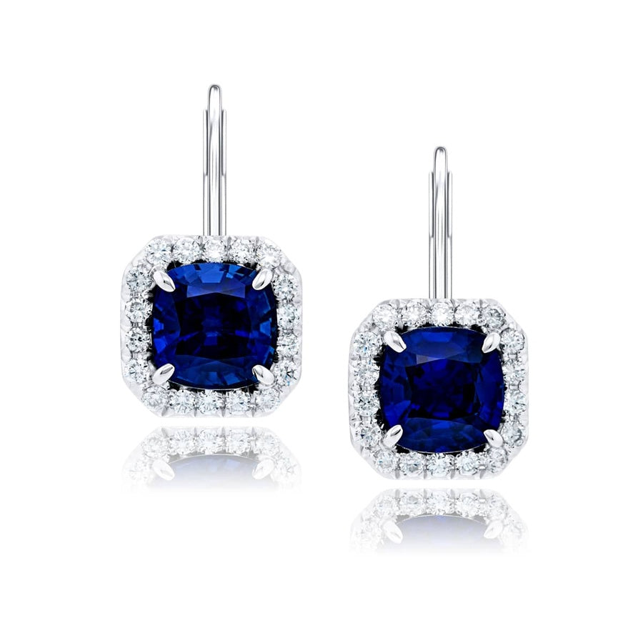 Platinum Cushion-Cut Sapphire Certified Drop Earrings