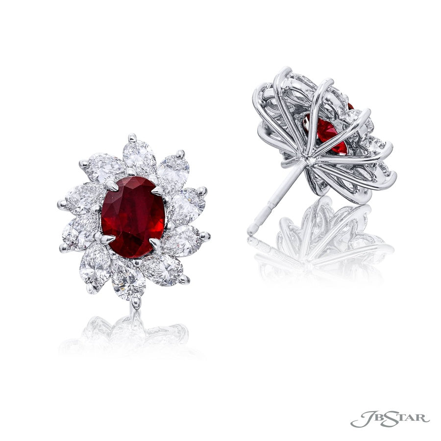Certified Ruby & Diamond Floral Earrings with Oval Rubies and Pear-Shaped Diamonds in Platinum