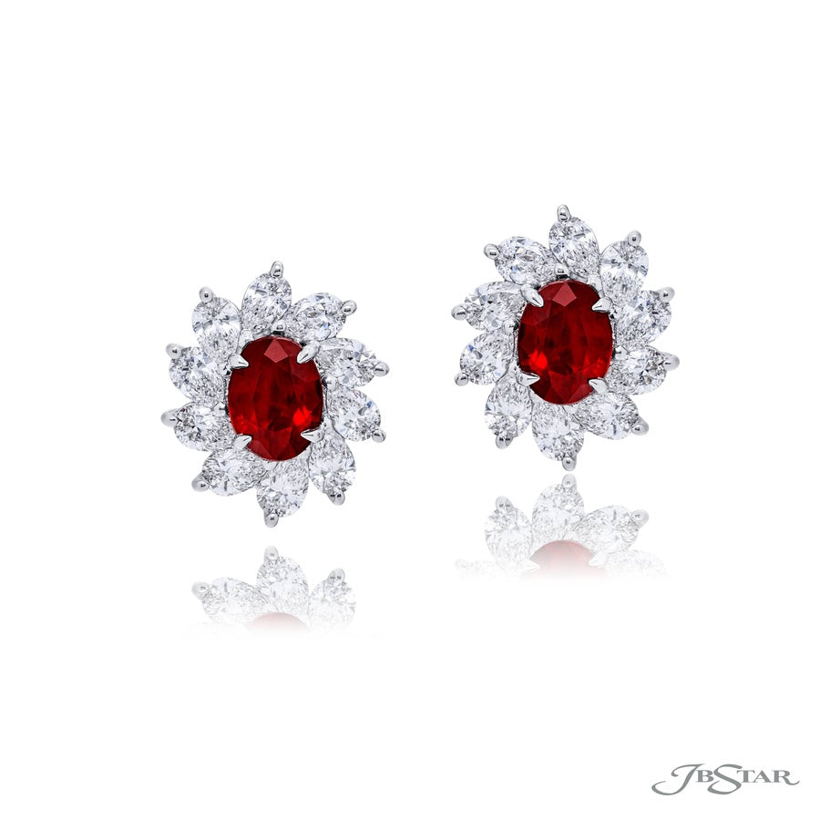 Certified Ruby & Diamond Floral Earrings with Oval Rubies and Pear-Shaped Diamonds in Platinum