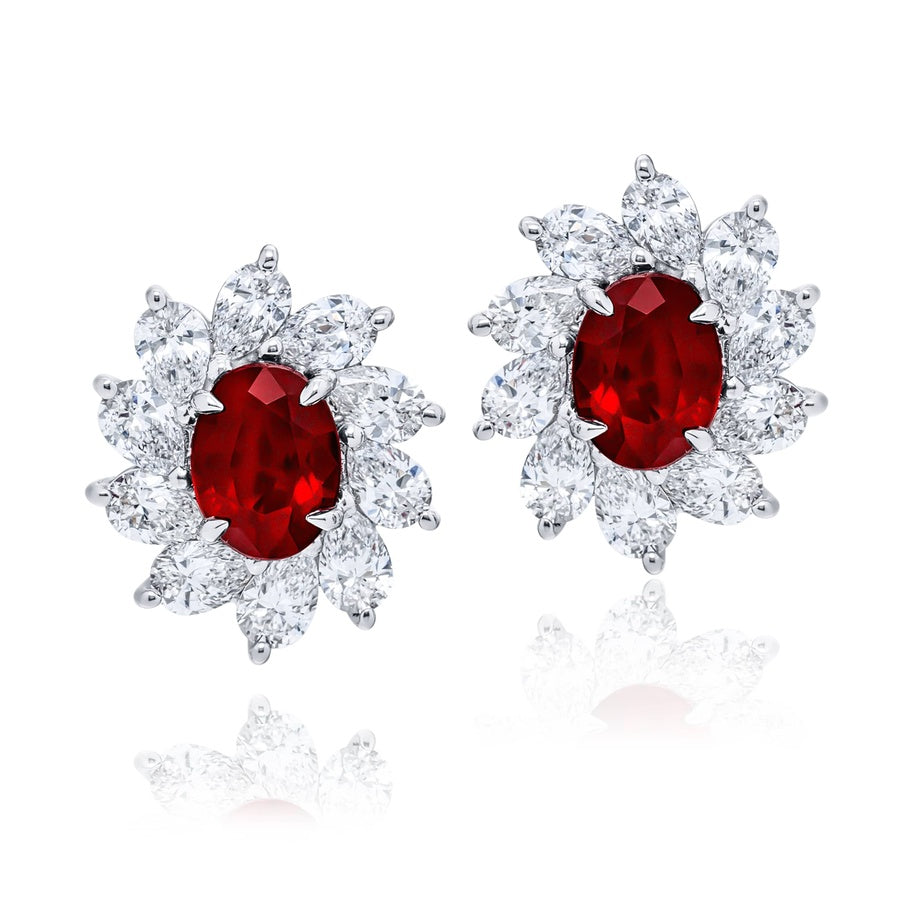 Platinum Oval Ruby Certified Floral Stud Earrings
