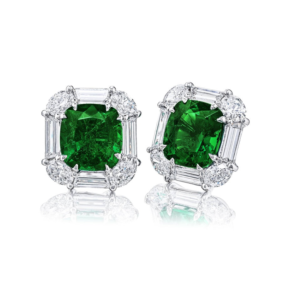 Platinum Cushion-Cut Emerald Certified Stud Earrings