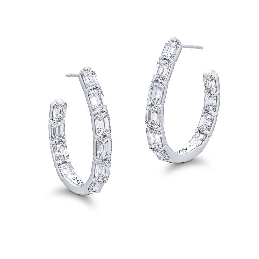 Platinum Emerald-Cut Diamond Hoop Earrings