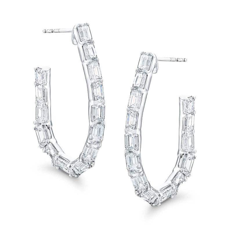 Platinum Emerald-Cut Diamond Hoop Earrings
