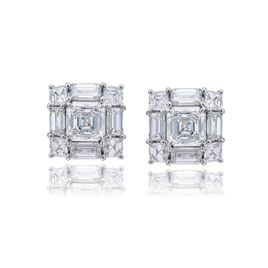 4.10 ctw. GIA-Certified Square Emerald-Cut Diamond Earrings with Halo in Platinum