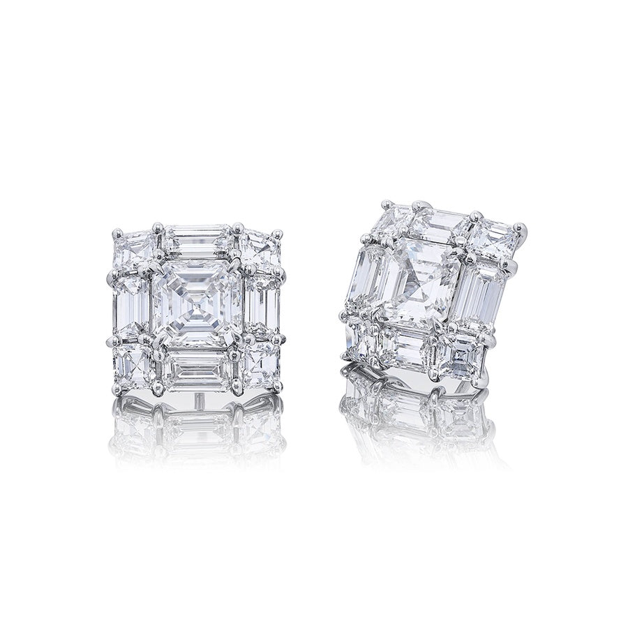 4.10 ctw. GIA-Certified Square Emerald-Cut Diamond Earrings with Halo in Platinum