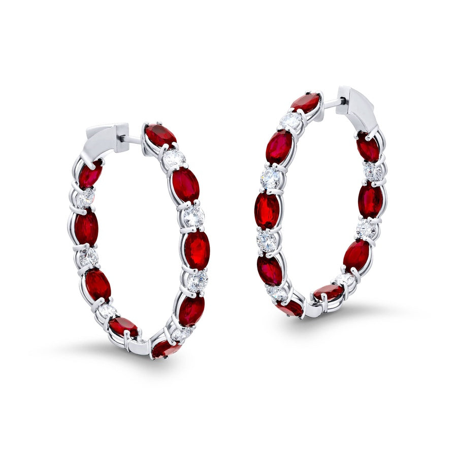 Platinum Oval Ruby and Diamond Hoop Earrings