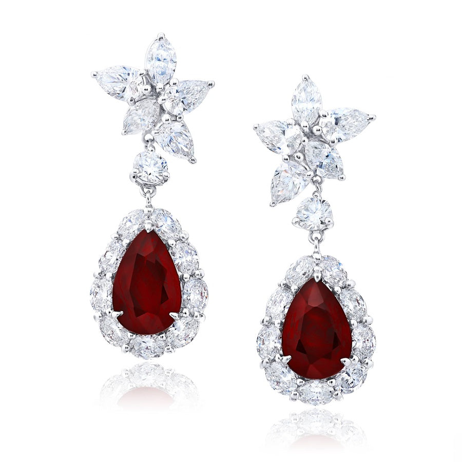 Platinum Pear-Shaped Ruby Certfied Floral Drop Earrings