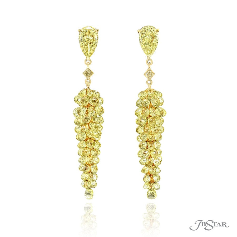Gorgeous Glamour: Fancy Yellow Briolette & Pear-Shape Diamond Drop Earrings in 18k Yellow Gold