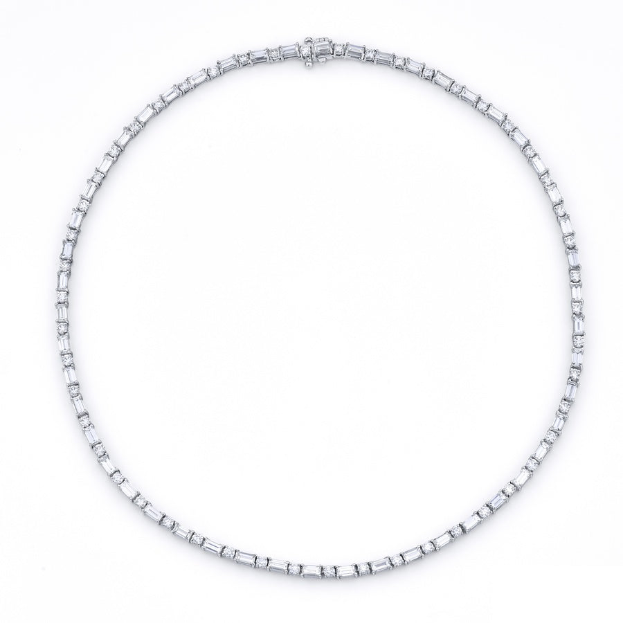 Platinum Straight Baguette and Round Diamond Necklace