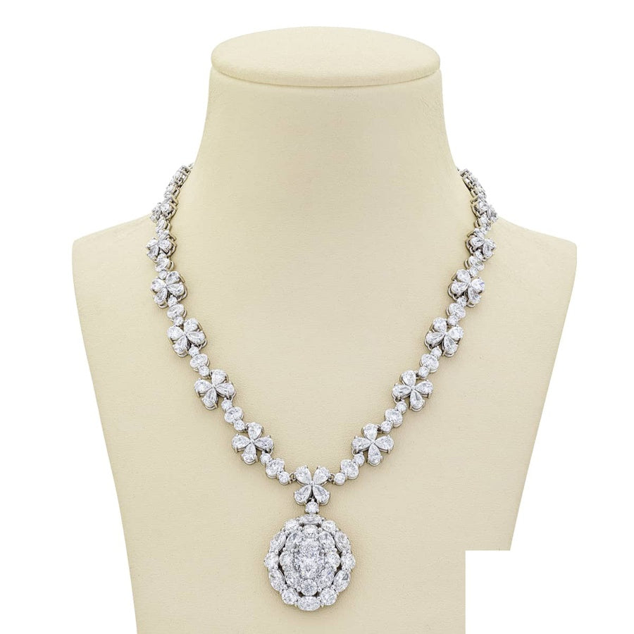 Platinum Pear-Shaped and Oval Diamond Certified Floral Necklace