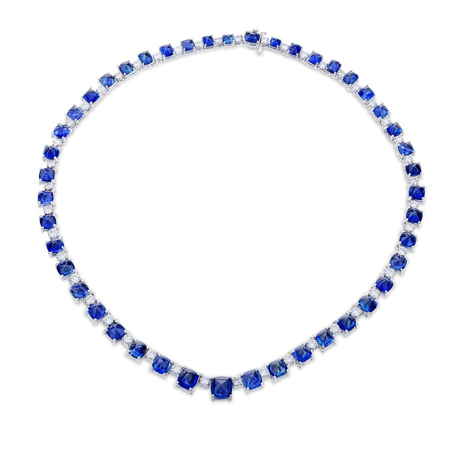 Platinum Cabochon Sri Lankan Sapphire and Diamond Certified Necklace