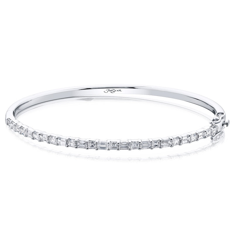 18K White Gold Emerald-Cut and Round Diamond Bangle Bracelet