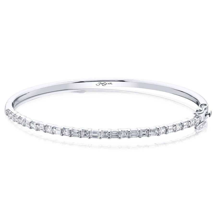 18K White Gold Emerald-Cut and Round Diamond Bangle Bracelet