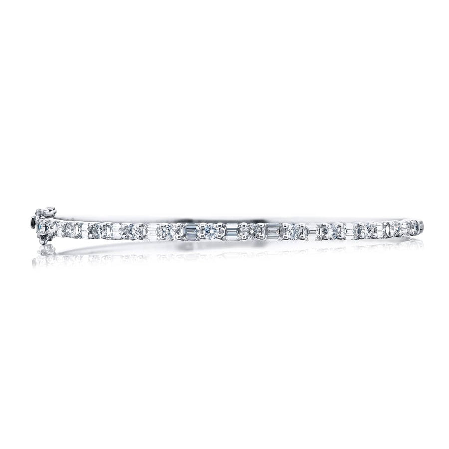 18K White Gold Emerald-Cut and Round Diamond Bangle Bracelet