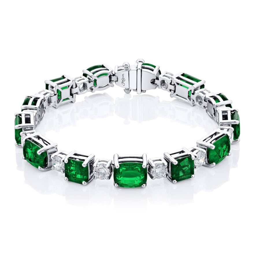 Platinum Emerald-Cut Oval and Cushion-Cut Emerald Bracelet