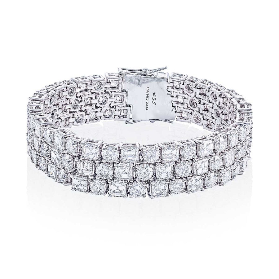 Platinum Round and Square Emerald-Cut Diamond Three Row Bracelet
