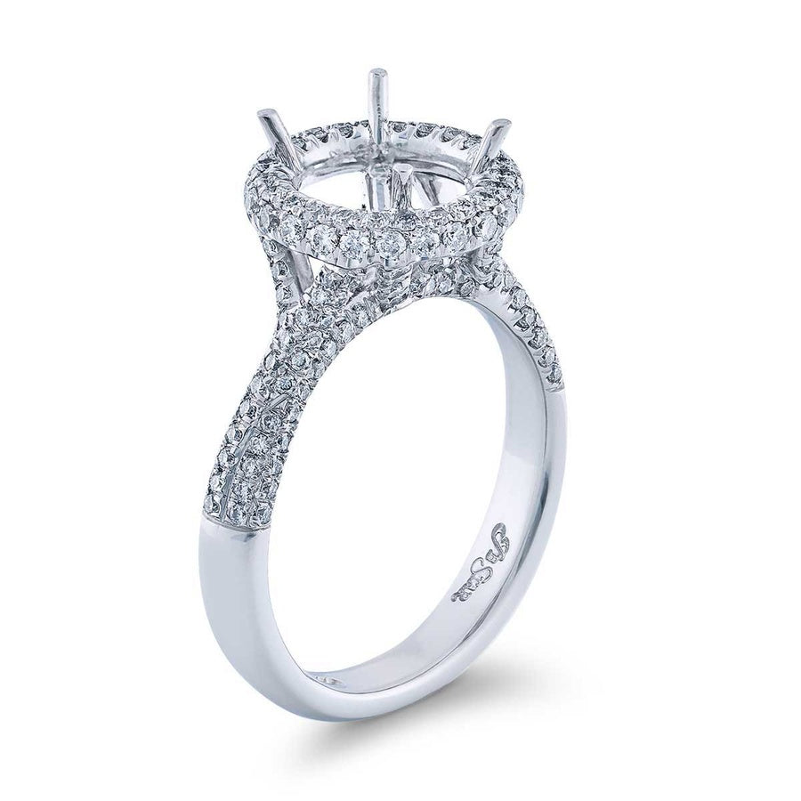 Platinum Semi-Mount Ring 3 sided diamond pave and Halo