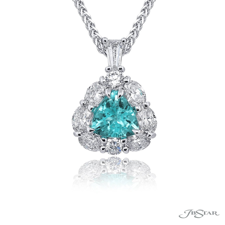 Exquisite Style: One-of-a-Kind Certified Encircled Paraiba Pendant ? Trillion Paraiba with Oval & Round Diamonds in Pure Platinum