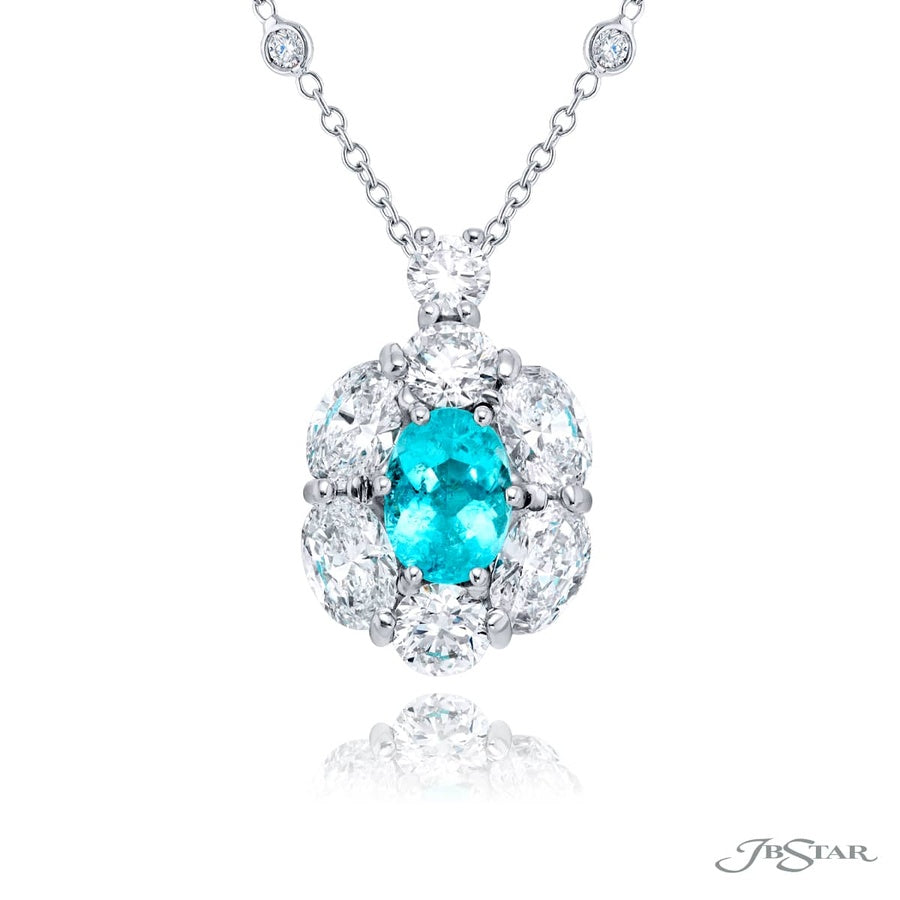 Exquisite Style: Our Timeless 0.81 ct. Encircled Paraiba Pendant  Oval Paraiba with Round & Oval Diamonds in Pure Platinum