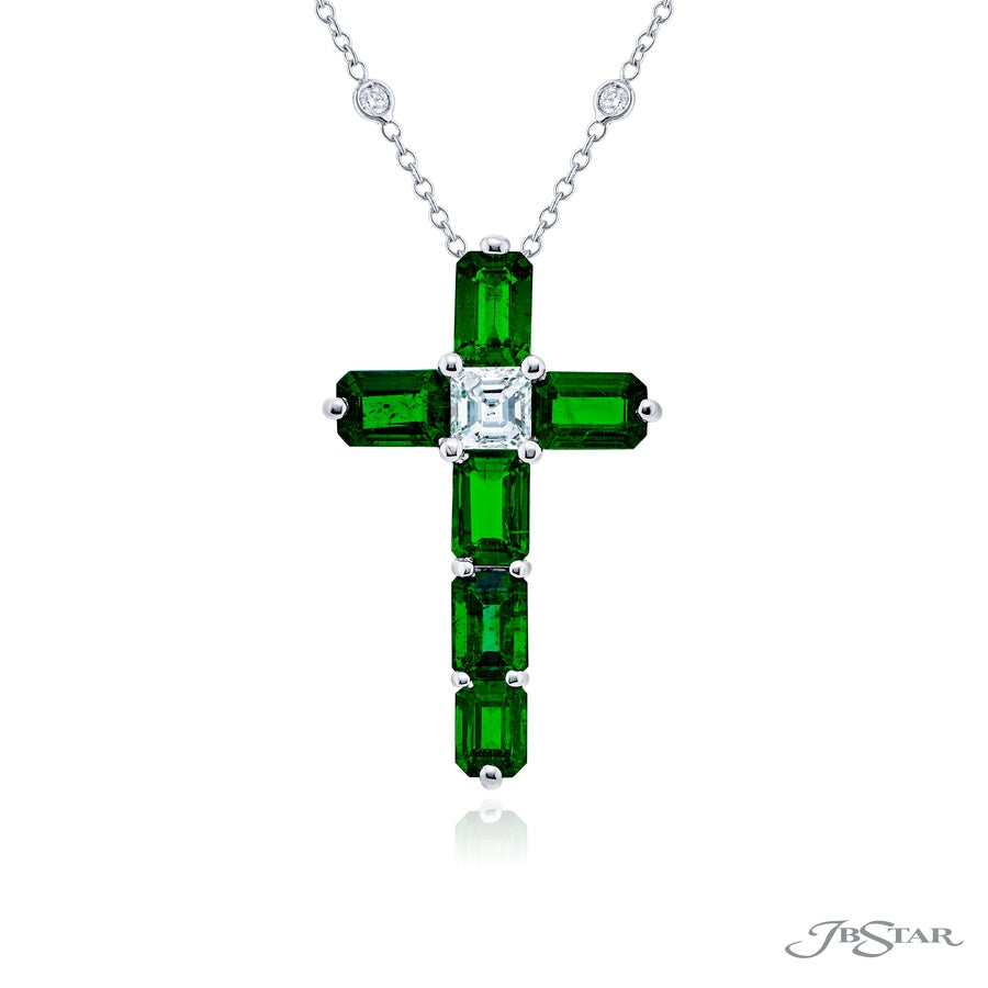 Exquisite Style: One-of-a-Kind Emerald Cross Pendant  Emerald-Cut Emeralds with a Square Emerald-Cut Diamond in Pure Platinum