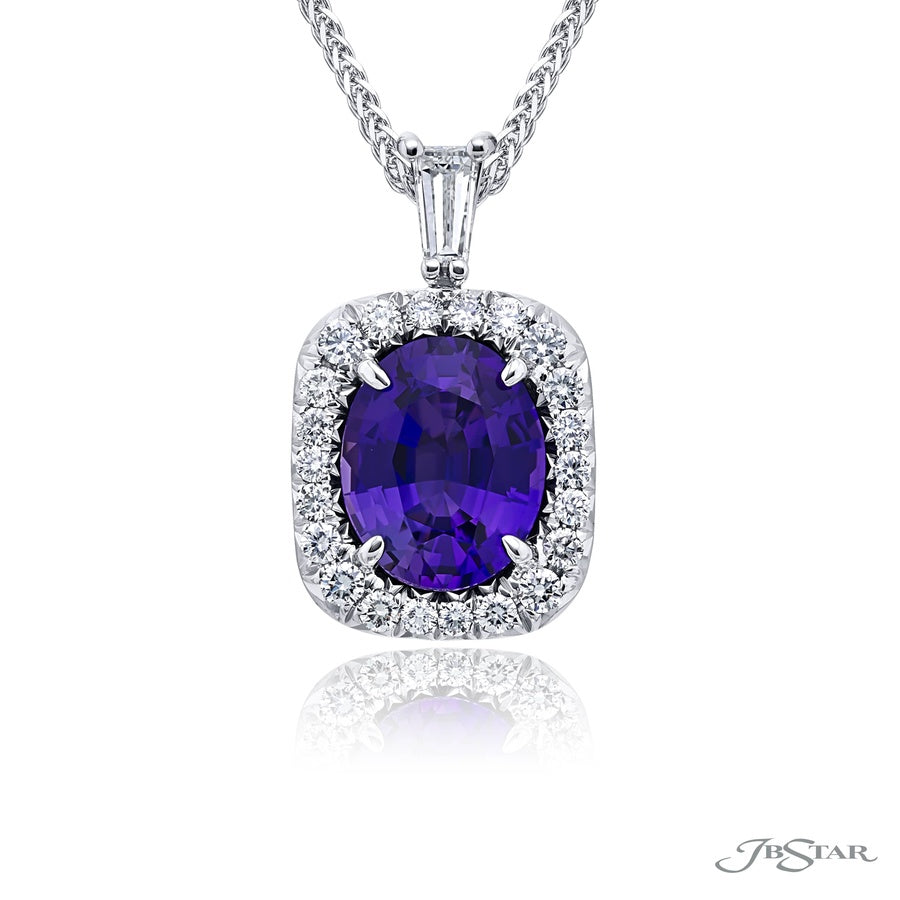 Exquisite Style: Our Timeless 3.09 ct. Certified Encircled Purple Sapphire Pendant  No-Heat Cushion-Cut Purple Sapphire Cradled in Round Diamonds Handcrafted in Pure Platinum