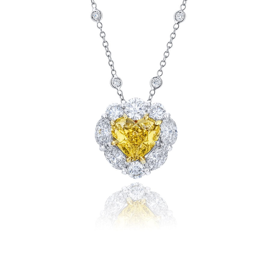 Platinum and 18K Yellow Gold Heart-Shaped Fancy Intense Yellow Diamond Certified Pendant