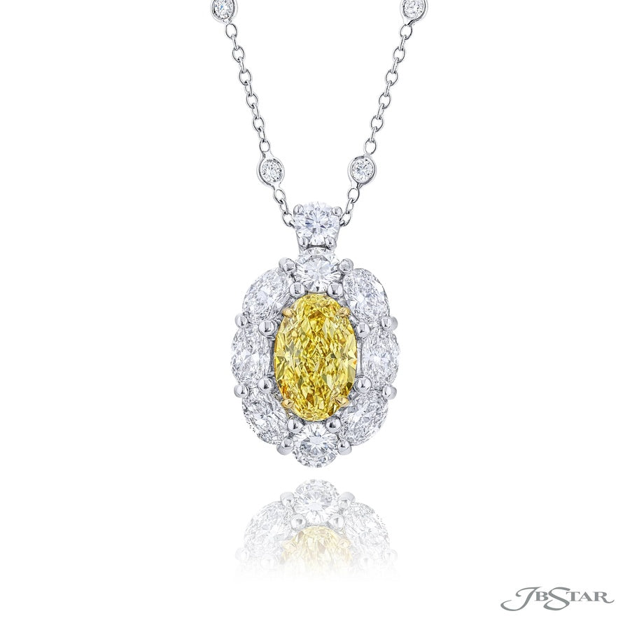 Exquisite Style: One-of-a-Kind 2.07 ct. GIA Certified Fancy Intense Yellow Oval-Cut Diamond Pendant ? Encircled by Round & Oval Diamonds in Pure Platinum