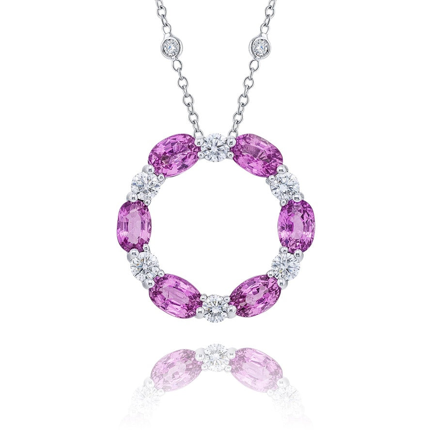 Exquisite Style: Signature Circle Pendant  Pink Oval Sapphires & Round Diamonds in Pure Platinum