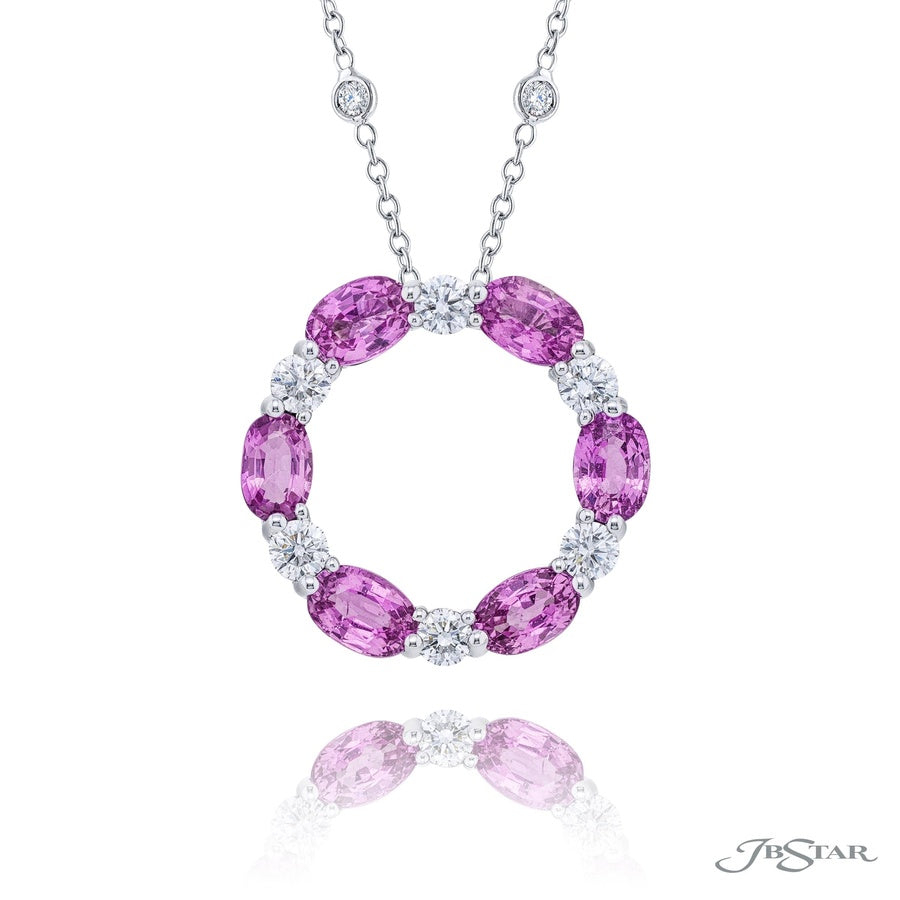 Exquisite Style: Signature Circle Pendant  Pink Oval Sapphires & Round Diamonds in Pure Platinum