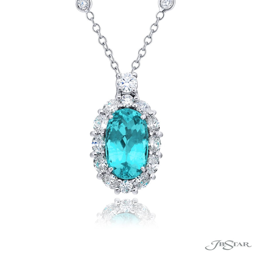 Exquisite Style: One-of-a-Kind 3.95 ct. Certified Encircled Paraiba Pendant ? Oval Paraiba with Round & Oval Diamonds in Pure Platinum