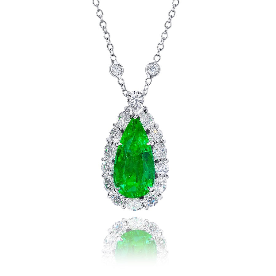 Exquisite Style: One-of-a-Kind 3.51 ct. Certified Encircled Emerald Pendant  Pear-Shaped Emerald with Round & Oval Diamonds in Pure Platinum