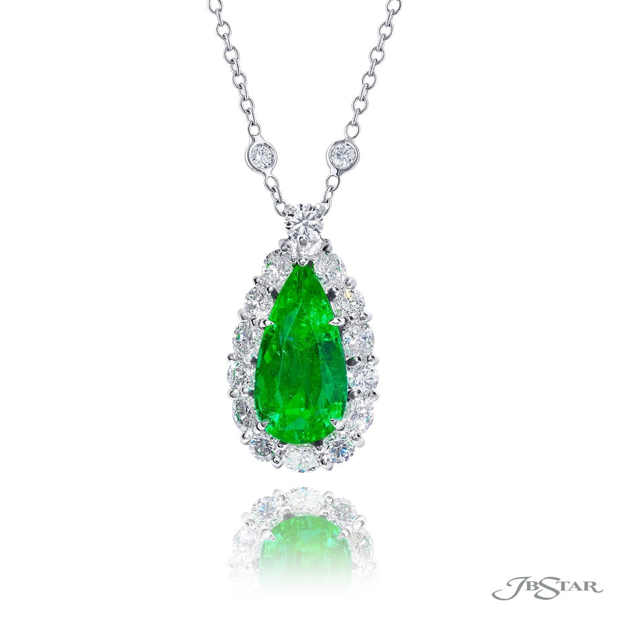 Exquisite Style: One-of-a-Kind 3.51 ct. Certified Encircled Emerald Pendant  Pear-Shaped Emerald with Round & Oval Diamonds in Pure Platinum
