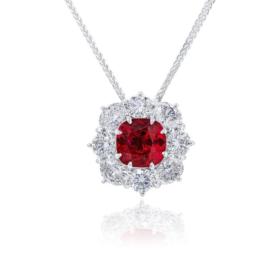 Exquisite Style: Signature 3.02 ct Certified Burmese Ruby Pendant with Round and Oval Diamonds in Platinum