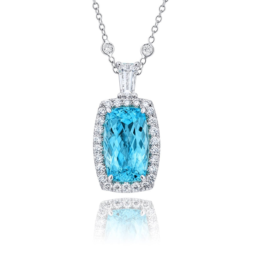 Exquisite Style: Our One-of-a-Kind Paraiba & Diamond Pendant  5.69 ct Certified Cushion-Cut Paraiba Edged in Micro Pavé Handcrafted in Pure Platinum