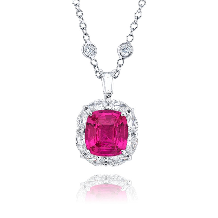Exquisite Style: 5.16 ct. CDC Certified Encircled Pink Sapphire Pendant with Pear-Shaped Diamonds in Platinum