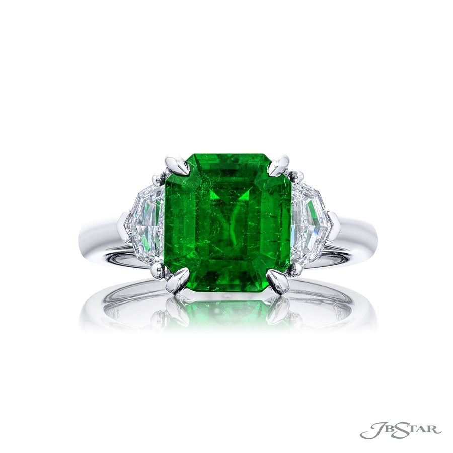 2.79 ct Certified Vivid Green Emerald & Diamond Ring | Emerald-Cut Emerald with Epaulet Diamonds in Platinum | Breathtaking Radiance by Jb Star
