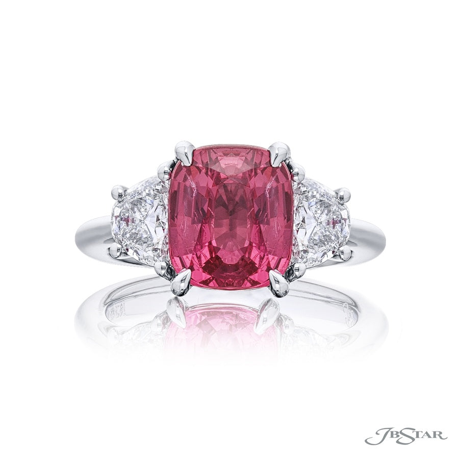 3.09 ct. No-Heat Cushion-Cut Pink Spinel and Half-Moon Diamond Ring in Platinum