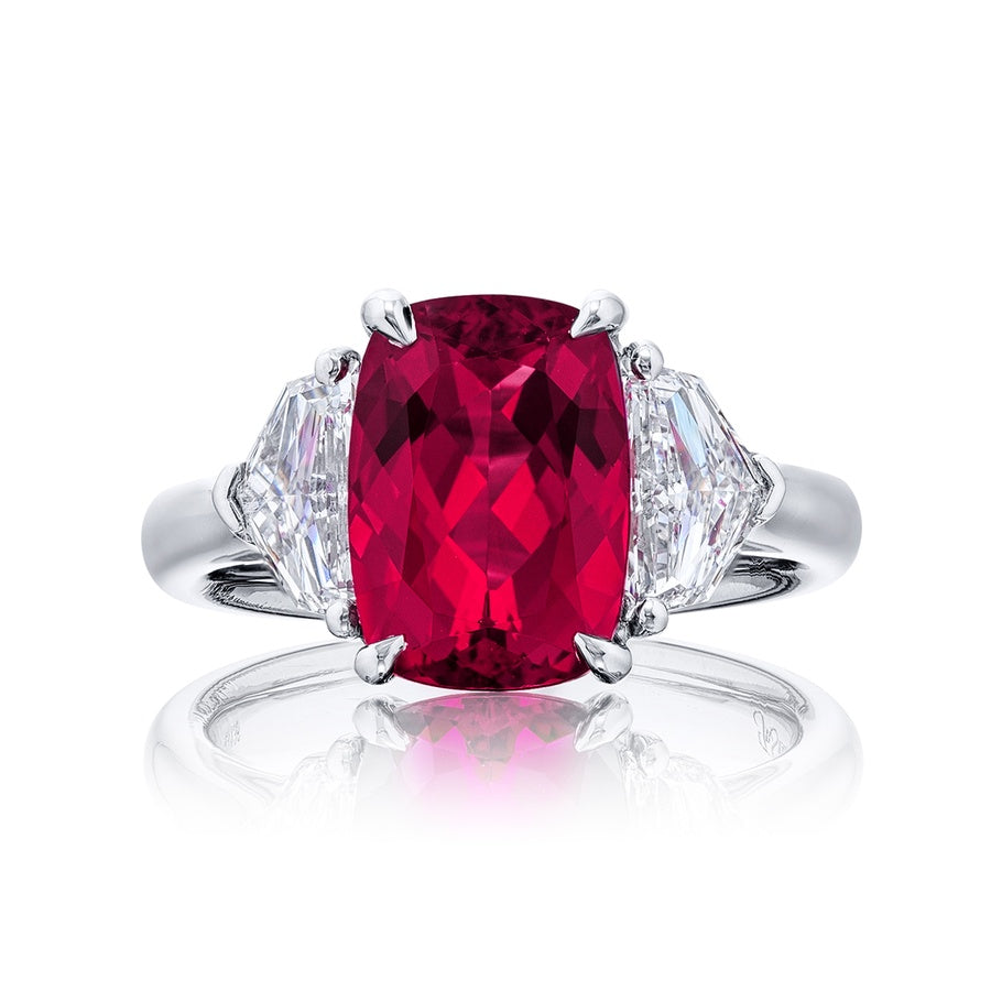 3.35 ct No-Heat Certified Pinkish-Red Spinel & Diamond Ring | Cushion-Cut Spinel with Epaulet Diamonds in Platinum | Breathtaking Radiance by Jb Star
